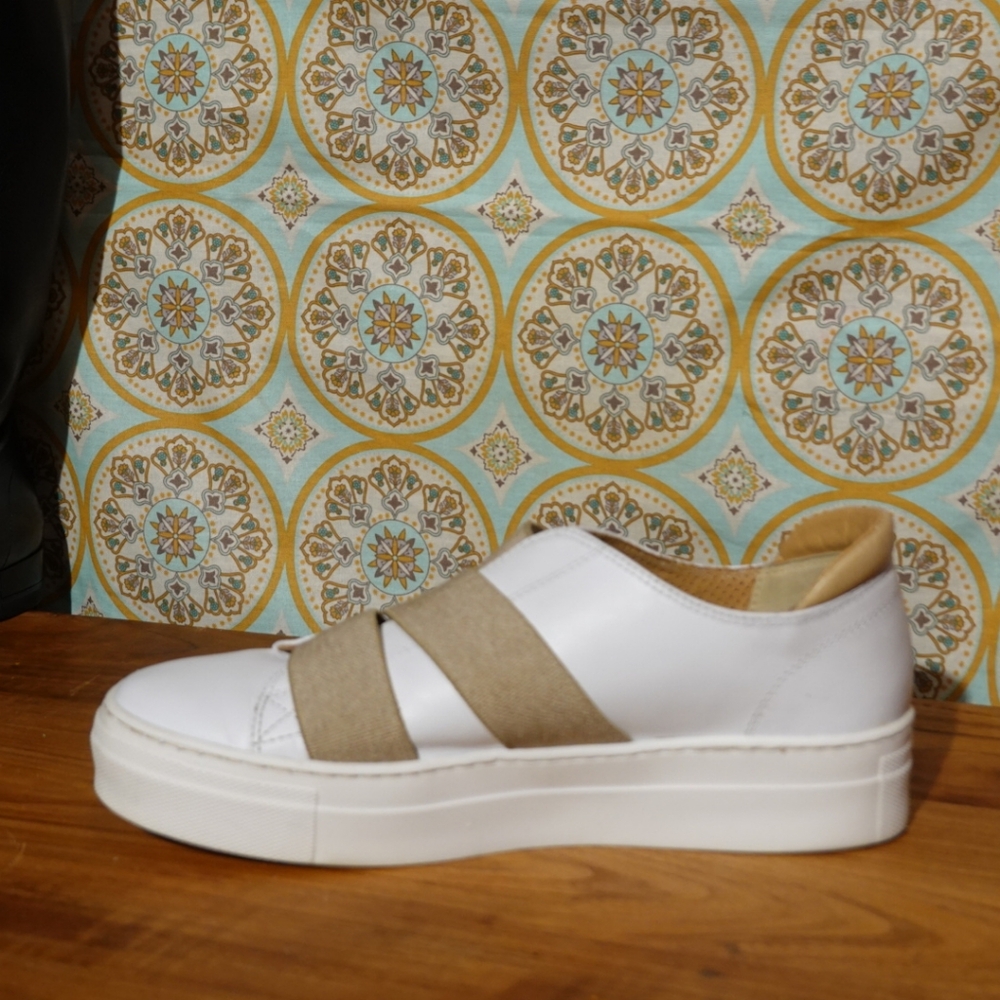 THE FLEXX White Leather Sneakers with Tan Elastic Crossing Bands, size 38 - Picture 8 of 8